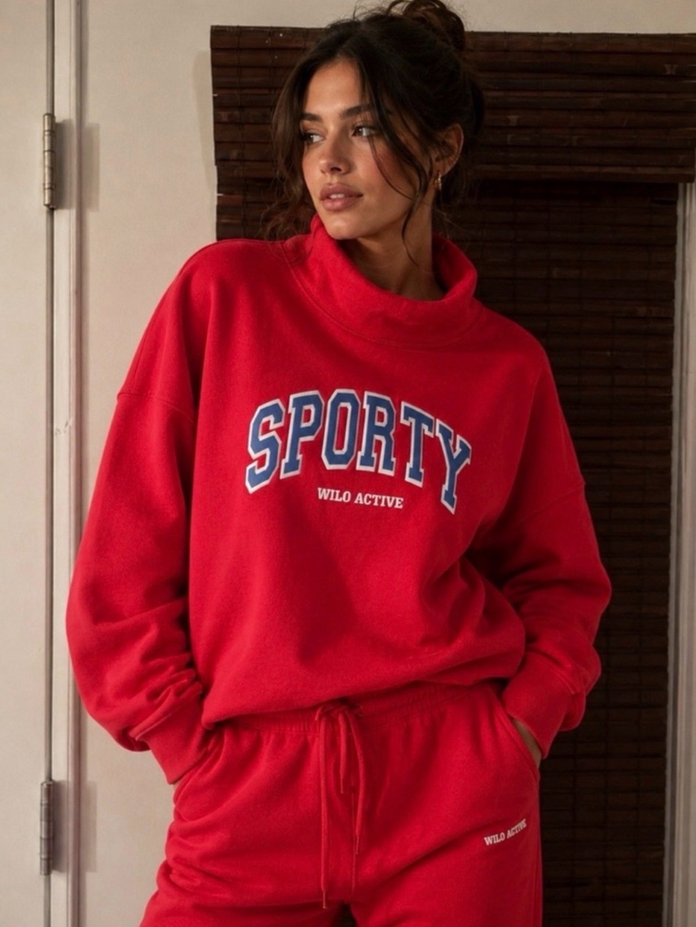 Wilo The Label Viral Sporty Funnel Neck Red Jumper Sweater and Shorts Set